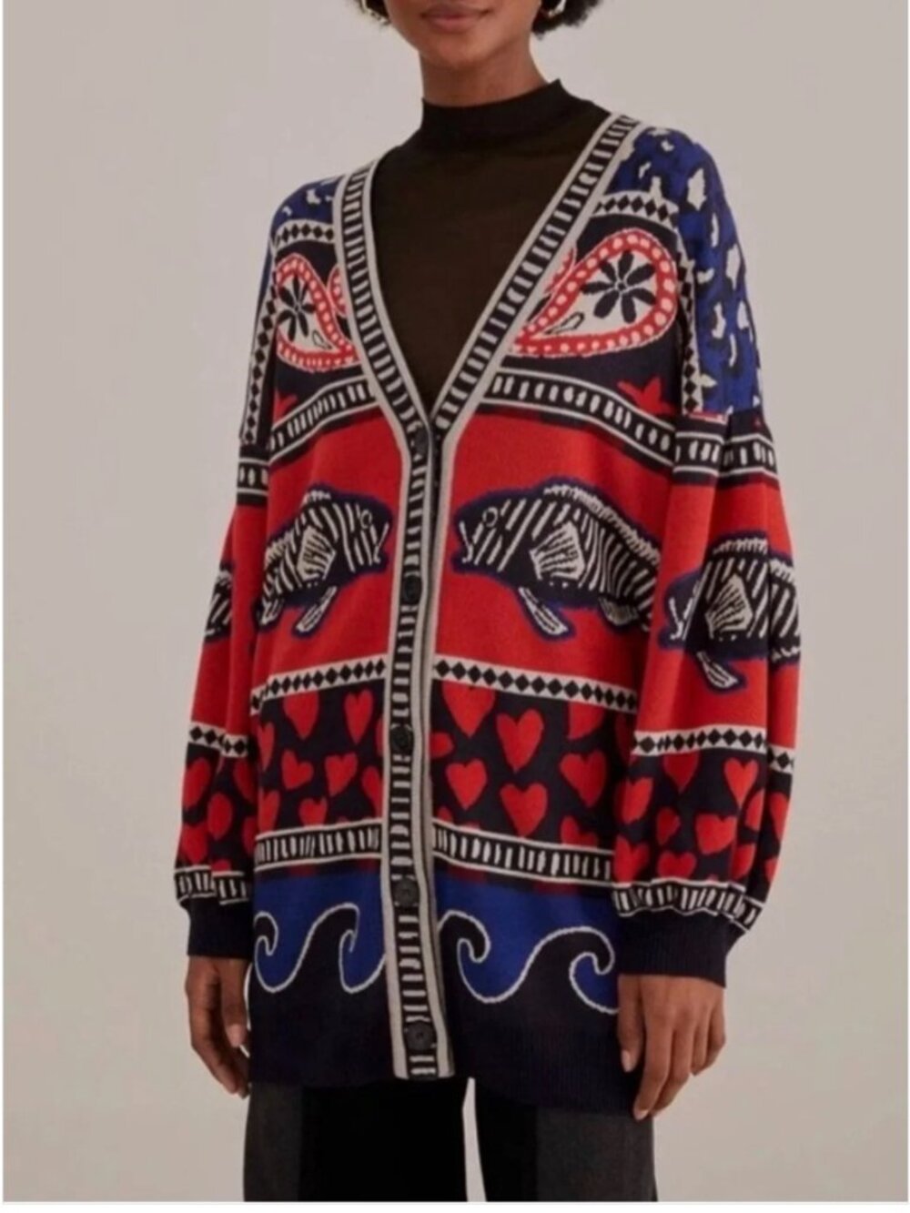 Farm Rio Oversized Fish mixed print knit buttoned cardigan size M